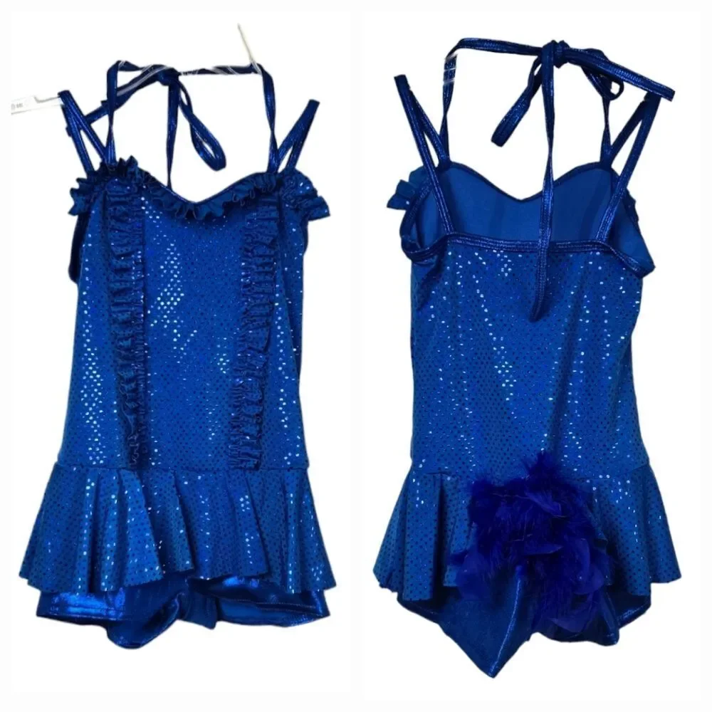 Girls Blue Sequin Ruffle Biketard Sleeveless Leotard Dance Costume Small Feather